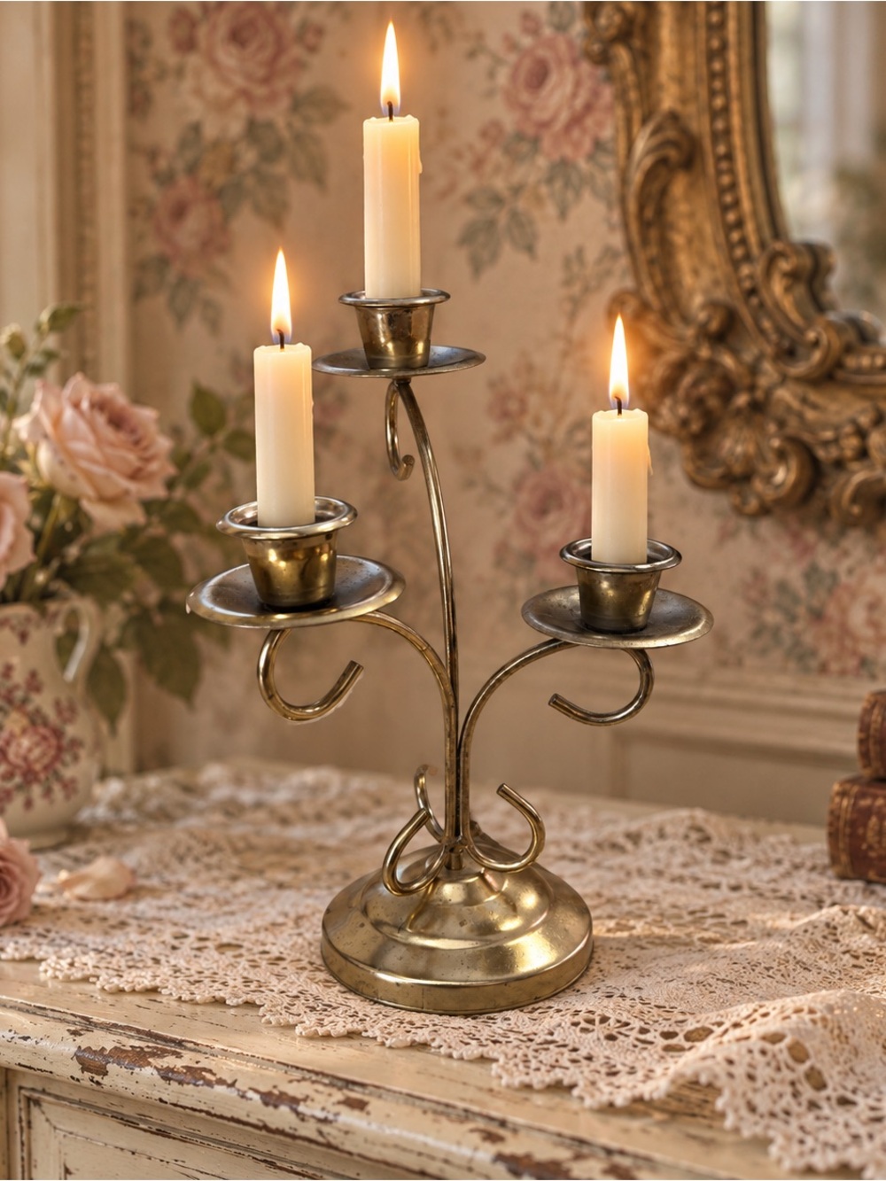 Vintage Brass Tone 3 Arm Tiered Candelabra Scroll Taper Candle Holder